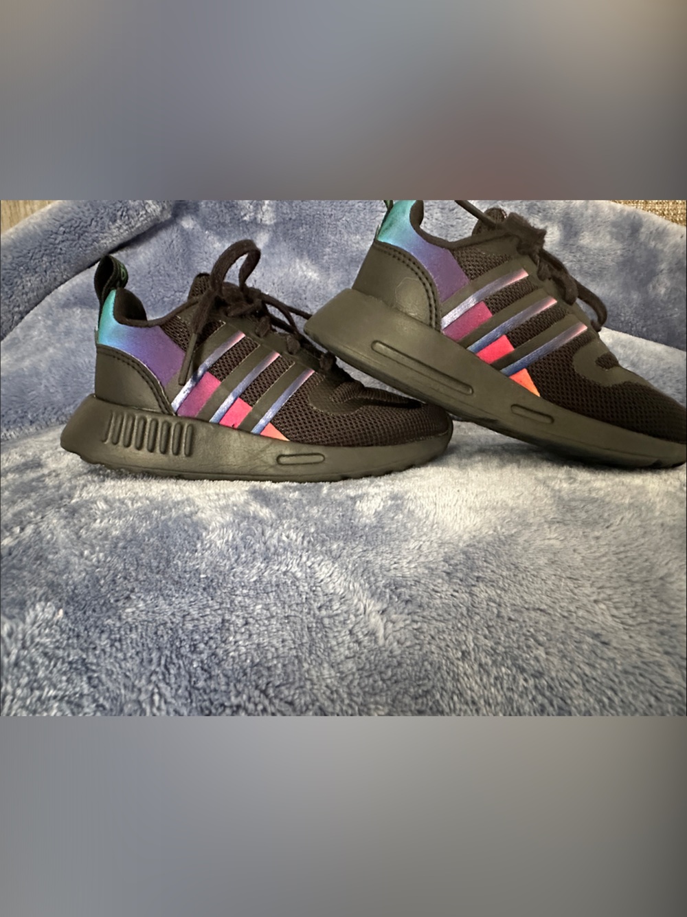 adidas Kids Black Sneakers with Iridescent Purple-Blue Stripes